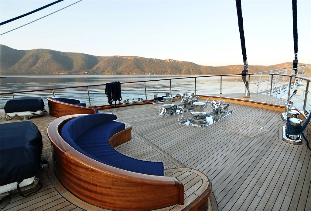 Elegant aft deck seating area on S/Y Clear Eyes luxury charter yacht perfect for alfresco dining under the stars