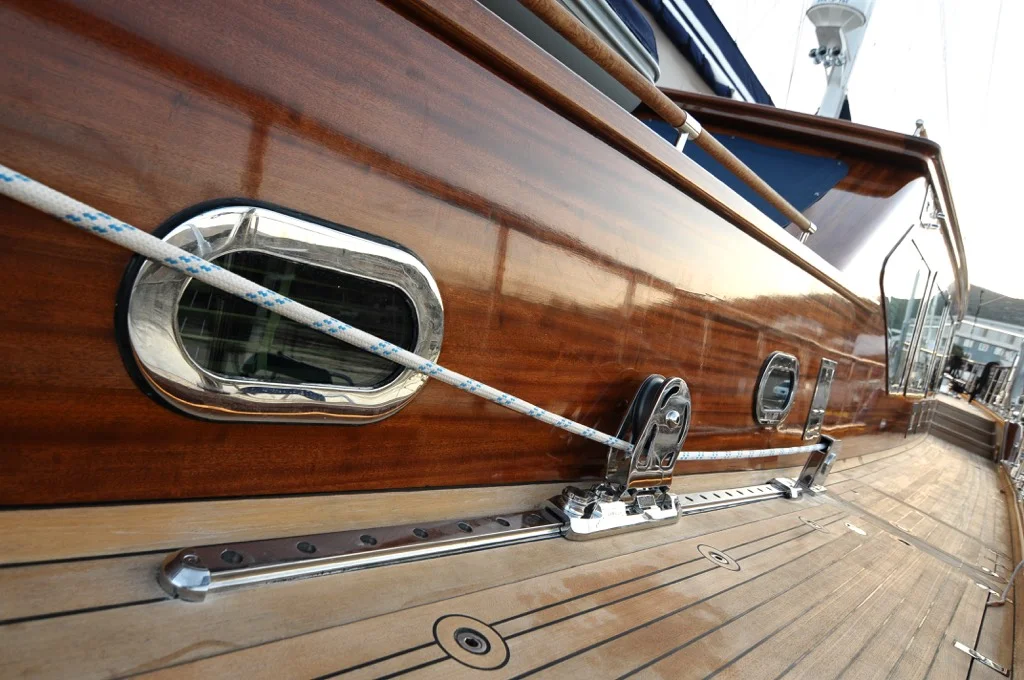 Premium handcrafted teak deck details showcasing S/Y Clear Eyes luxury charter yacht exceptional craftsmanship