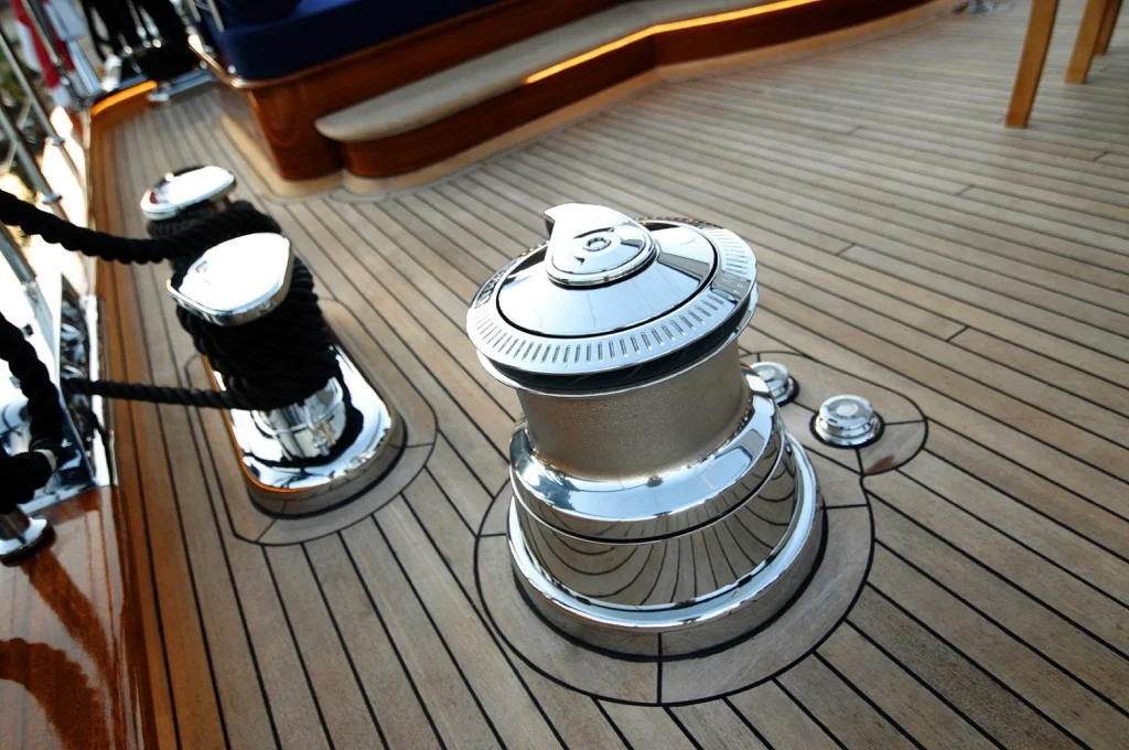 Professional sailing equipment and polished chrome winches on S/Y Clear Eyes luxury charter yacht deck