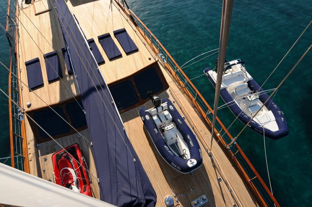 Bird eye aerial view of S/Y Clear Eyes showcasing full 141 feet length and elegant sailing ketch design