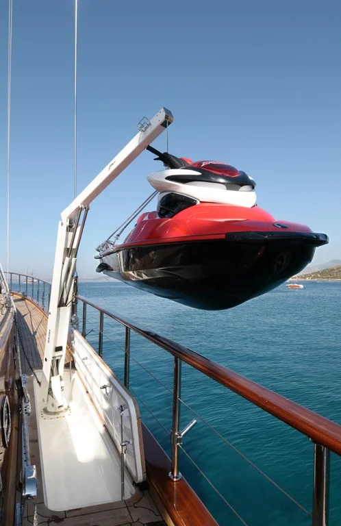 Hydraulic crane system for launching water toys and jet ski on S/Y Clear Eyes luxury yacht