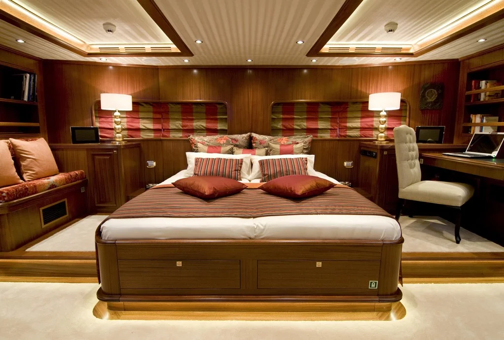 Opulent master cabin featuring king-size bed and fine furnishings on S/Y Clear Eyes luxury charter yacht
