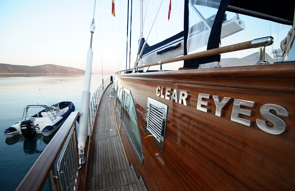 S/Y Clear Eyes luxury yacht name elegantly displayed on premium handcrafted teak deck detailing