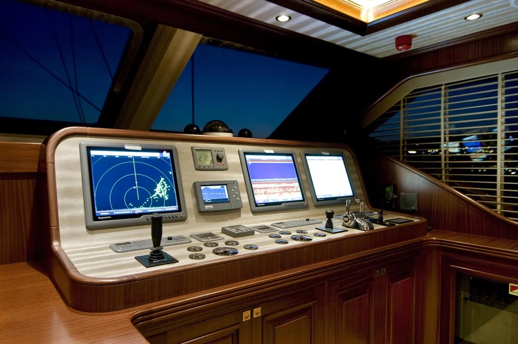 State-of-the-art navigation bridge with modern electronic equipment on S/Y Clear Eyes professional sailing yacht