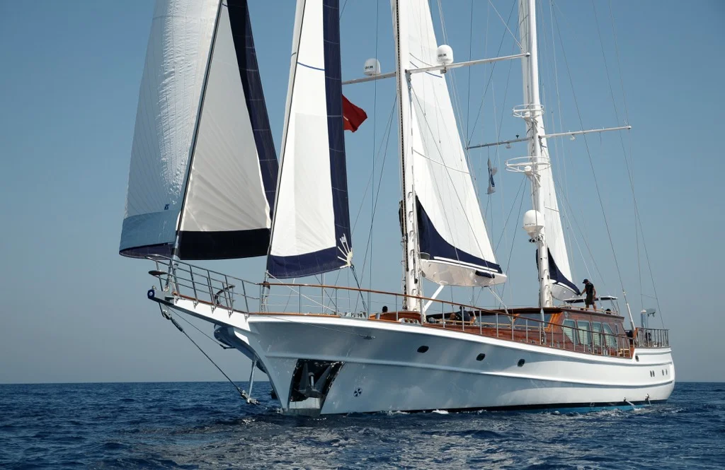 Breathtaking sailing view from S/Y Clear Eyes polished teak deck during sunset Mediterranean cruise experience