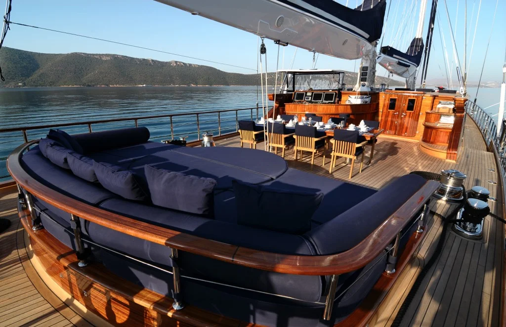 Expansive sun deck with premium loungers on S/Y Clear Eyes luxury yacht for Mediterranean sunbathing