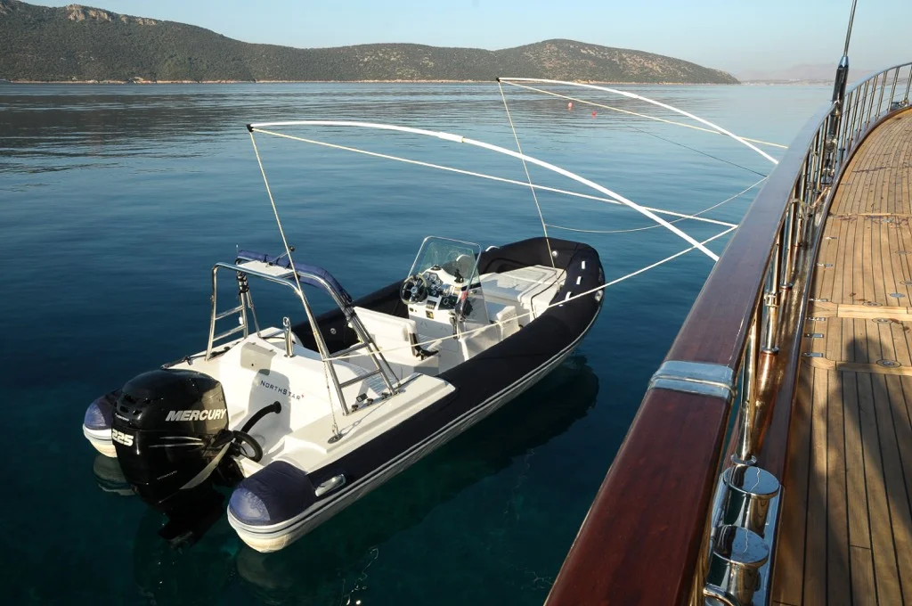 S/Y Clear Eyes luxury yacht tender boat ready for Mediterranean shore excursions and secluded bay exploration